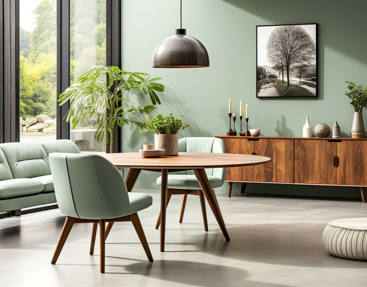 Mint color chairs at round wooden dining table in room with sofa and cabinet near green wall. Scandinavian, mid-century home interior design of modern living room.>