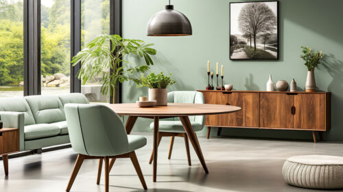 Mint color chairs at round wooden dining table in room with sofa and cabinet near green wall. Scandinavian, mid-century home interior design of modern living room.